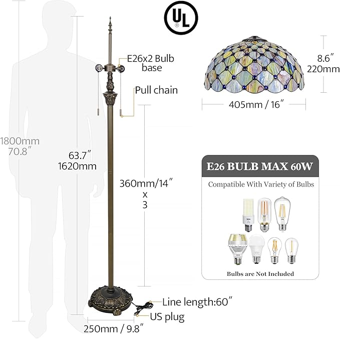 Tiffany Floor Lamp Stained Glass Pearls Beads Standing Reading Light 16x16x64 Inch Retro Inspired Pole Corner Lighting Art Decor for Bedroom Living Room Home Office (Gradient Green)