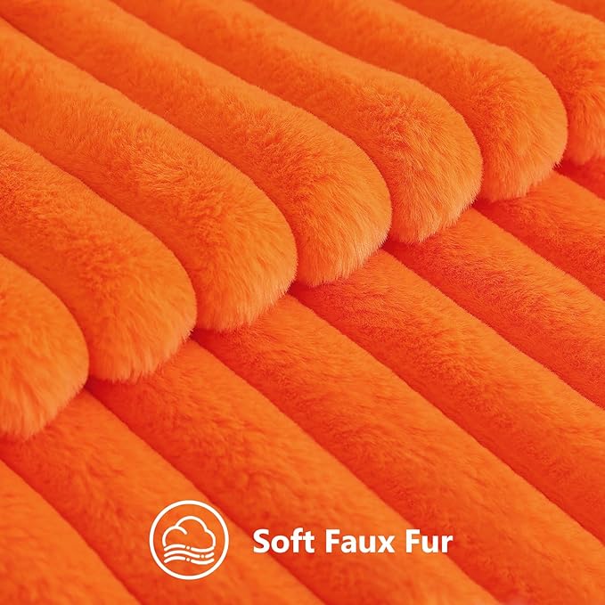 decorUhome Faux Fur Fall Throw Pillow Covers 20x20 Set of 2, Decorative Soft Plush Striped Neutral Couch Euro Pillow Covers with Velvet Back for Sofa, Bed, Living Room Home Decor, Orange