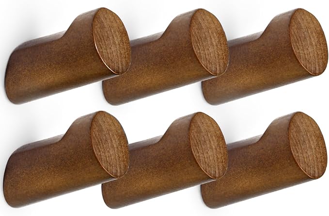 Wood Wall Hooks for Hanging, 6 Pack Hat Hook for Walls, Coat Hook Wall Mount, Backpack Hooks for Walls, Bathroom Towel Hanger (Walnut)