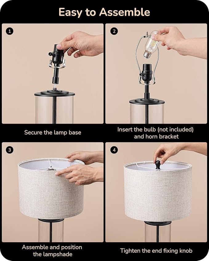 EDISHINE 23.6" Glass Table Lamp Set of 2, DIY Refillable Bedside Lamp with Linen Lampshade & Rotary Switch, E26 Base, Nightstand Light for Living Room, Bedroom, Office