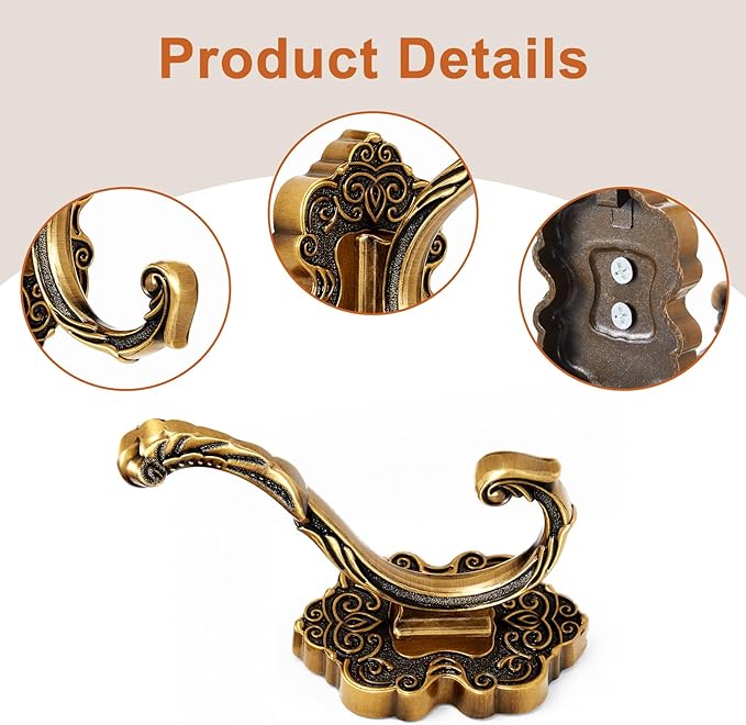 Zonon Vintage Coat Hooks Antique Wall Hooks Towel Hook for Hanging Purse Hat Keys Clothes Curtain Unique Heavy Duty Bathroom Hook for Wall(2 Pcs,Brass)
