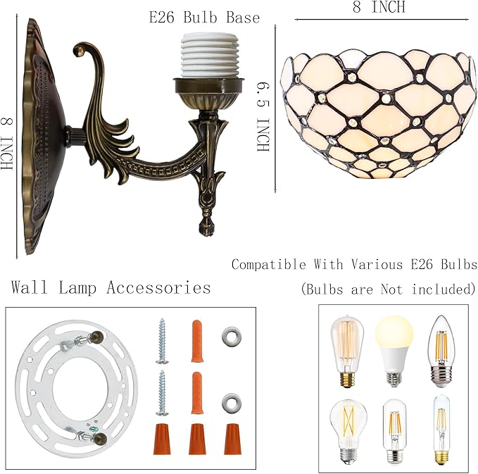 Tiffany Sconce Lamp Stained Glass Wall Lamp,8X10.5X11 Inch Plug in Wall Bedside Light for Hallway Bedroom (Cream Bead)