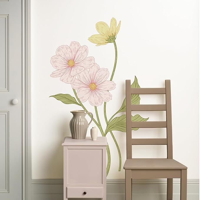 Large Flower Wall Decals 61" H x 31.1" W Peel and Stick Yellow Pink Daisy Wall Sticker Boho Floral Decal for Door Decorative Vinyl Wall Art Mural for Bedroom Living Room Classroom Office