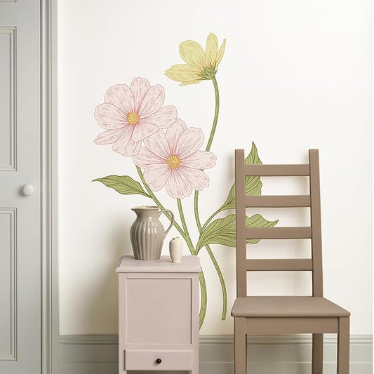 Large Flower Wall Decals 61" H x 31.1" W Peel and Stick Yellow Pink Daisy Wall Sticker Boho Floral Decal for Door Decorative Vinyl Wall Art Mural for Bedroom Living Room Classroom Office