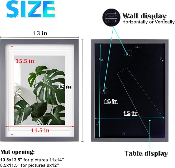 Egofine 12x16 Picture Frames with Plexiglass, Display Pictures 9x12/11x14 with Mat or 12x16 Without Mat Set of 4 for Wall Mounting,Dark Grey