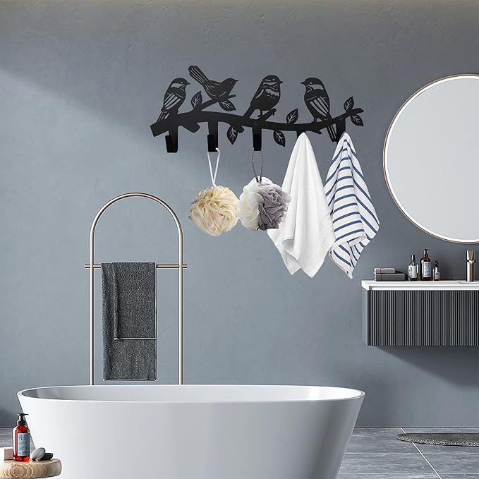 Metal Bird Coat Hooks Wall Art Decor-Bird Hangers and Key Holder-Animal Theme Hooks Sweet Home Decor for Storage, Living Room, Hallway, Office (Black)