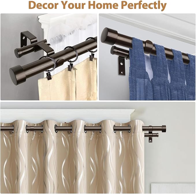KAMANINA 1 Inch Double Curtain Rod 36 to 72 Inches (3-6 Feet), Bronze Heavy Duty Curtain Rods for Windows, Telescoping Double Drapery Rods with End Caps