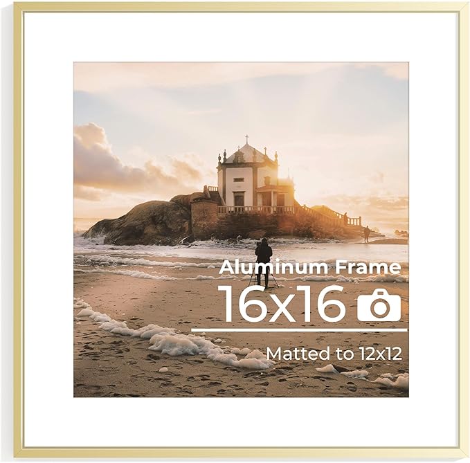 Aluminum 16x16 Picture Frame Golden, Metal Photo Frames with Mat for 12x12 Photo or Without Mat for 16x16 Photo, Metal Poster Frame Sawtooth Hanger for Easy Wall Display, set of 1