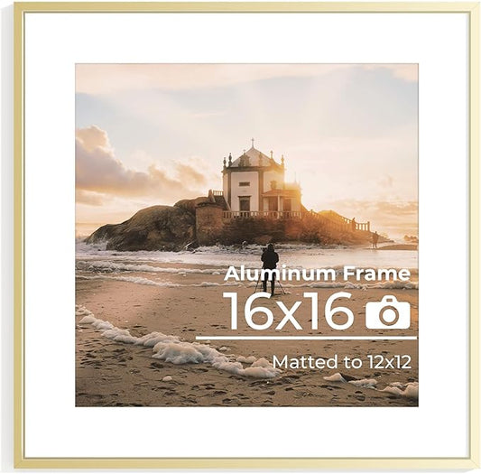 Aluminum 16x16 Picture Frame Golden, Metal Photo Frames with Mat for 12x12 Photo or Without Mat for 16x16 Photo, Metal Poster Frame Sawtooth Hanger for Easy Wall Display, set of 1