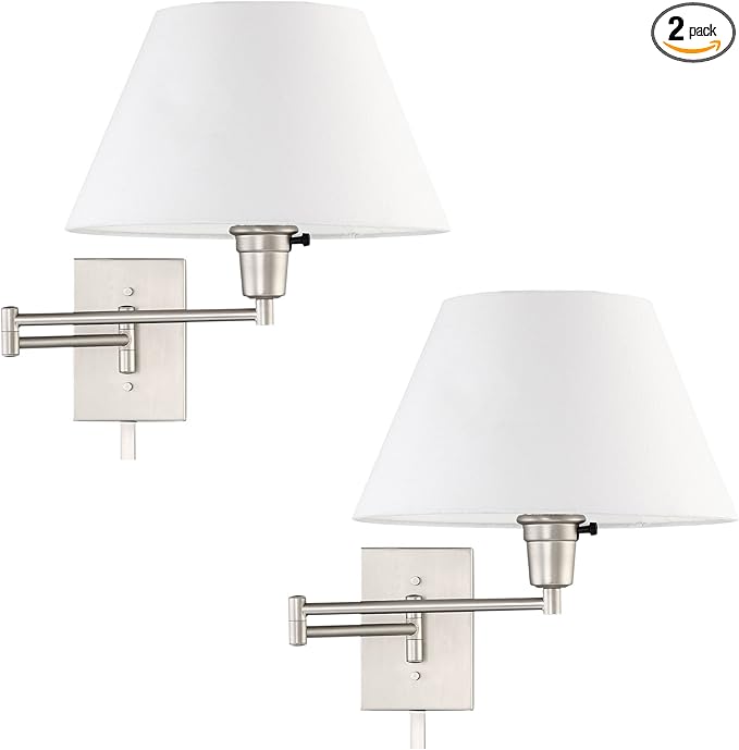 Kira Home Cambridge 15" Swing Arm Wall Lamp - Plug in/Wall Mount + White Fabric Shade, 150W 3-Way + Cord Covers, Satin Nickel Finish, 2-Pack