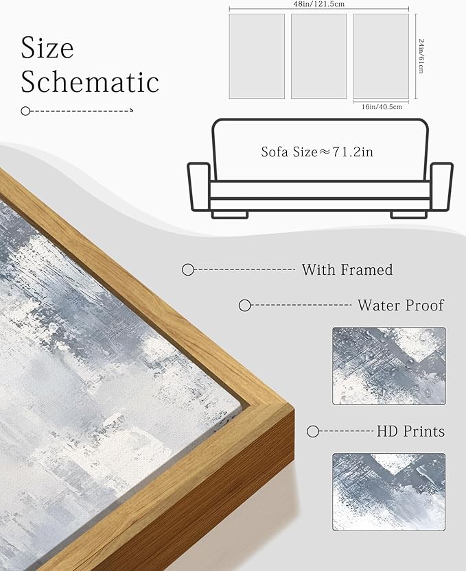 KUVIOKE Navy Blue and Gray Abstract Framed Canvas Wall Art Brush Strokes Block Shape Pastel Wall Decor Modern Minimalist Art Painting Home Decor 16x24in (Natural Framed)