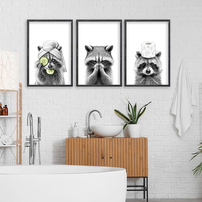 Adorable Raccoon Bathroom Wall Art Decor Set of 3 16x11 Inch Modern Funny Bathroom Sign Wood Framed Rustic Farmhouse Interestring Washroom Animal Prints Wall Hanging (Black)