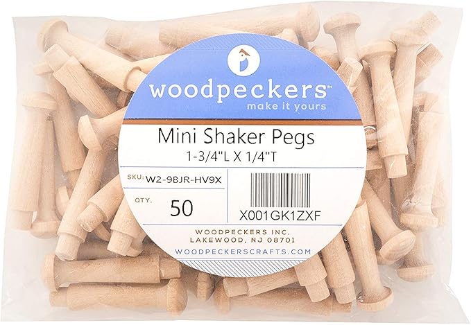 Woodpeckers Mini Wooden Shaker Pegs 1-3/4-inch w/ 3/16-inch Tenon, Pack of 50 DIY Wooden Wall Hooks, Wood Hooks for Hanging Jewelry