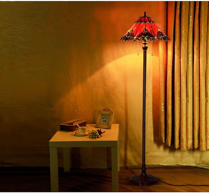 Bieye S10024 Tiffany Style Stained Glass Baroque Lampshade (17-inch Wide Red)