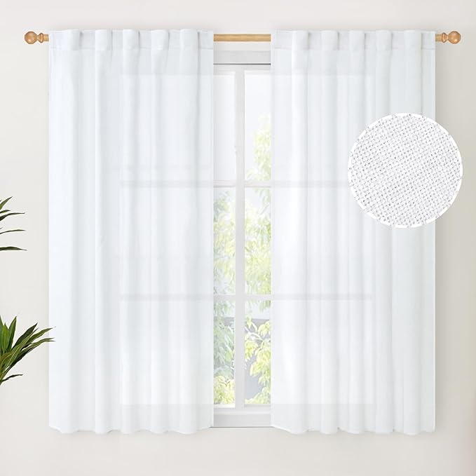 YoungsTex Short White Linen Curtains 45 Inch Length 2 Panels for Window, Semi Sheer Drapes Light Filtering with Rod Pocket Back Tab Lightweight for Cafe Kitchen Bathroom, 42 X 45 Inch