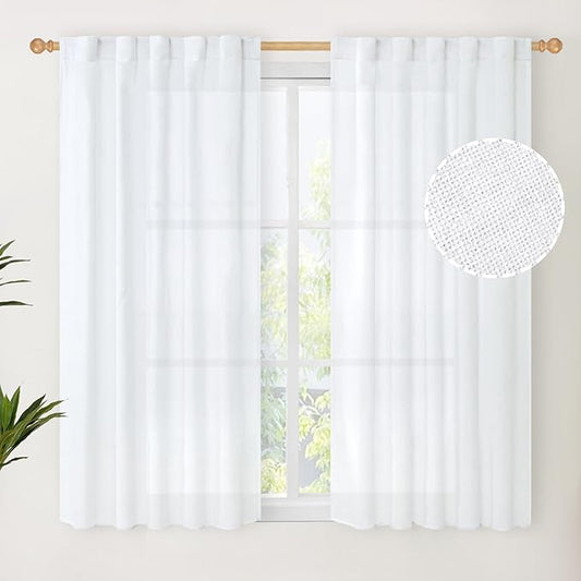YoungsTex Short White Linen Curtains 45 Inch Length 2 Panels for Window, Semi Sheer Drapes Light Filtering with Rod Pocket Back Tab Lightweight for Cafe Kitchen Bathroom, 42 X 45 Inch