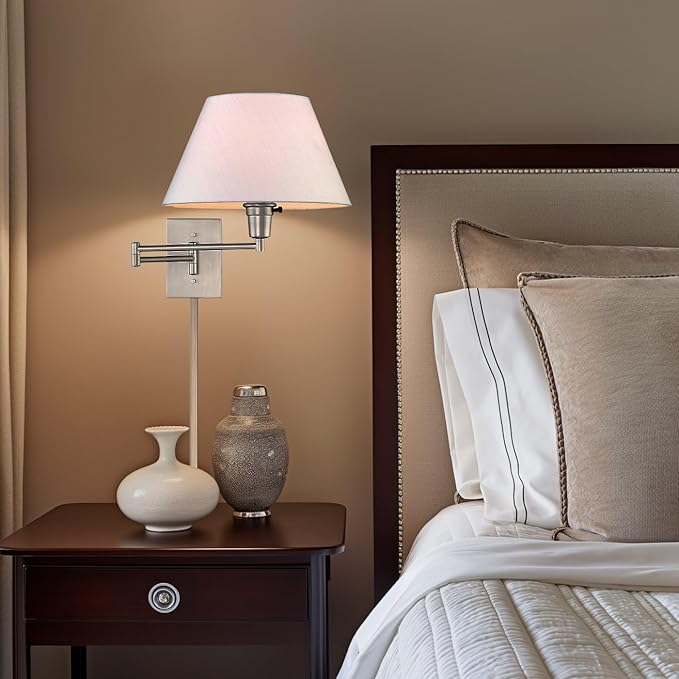 Kira Home Cambridge 15" Swing Arm Wall Lamp - Plug in/Wall Mount + White Fabric Shade, 150W 3-Way + Cord Covers, Satin Nickel Finish, 2-Pack