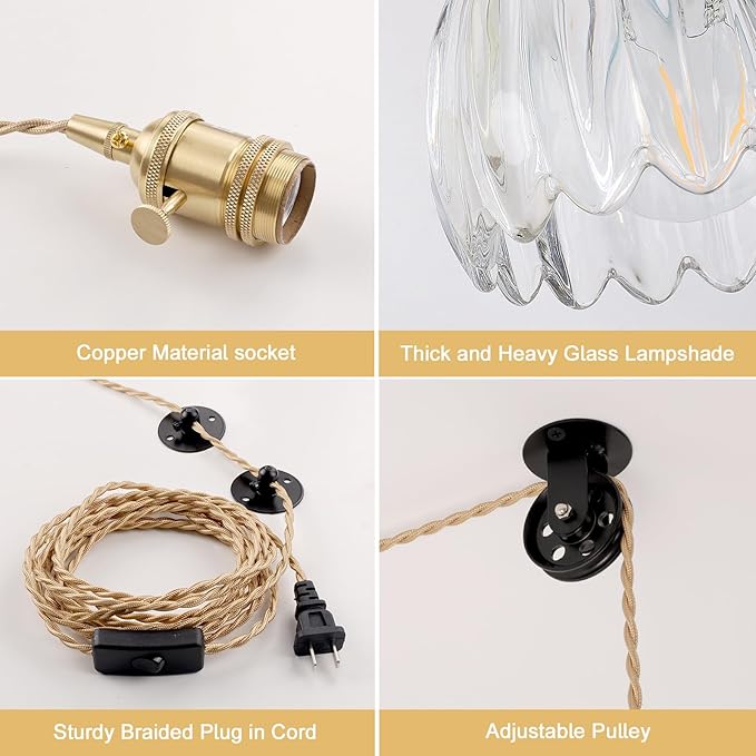 Mini Plug in Pendant Light Hanging Light Fixture Corded On/Off Switch Brass Pendant Light with Clear Tulip Glass Lampshade for Bedroom Living Room Kitchen Island