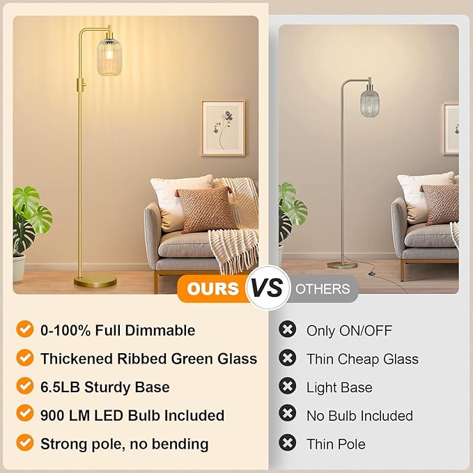【Upgraded】 Dimmable Glass Floor Lamp for Living Room, Modern Gold Standing Lamp with Amber Ribbed Glass Lampshade & Knob Dimmer, Arc Tall Lamp for Bedroom Office Reading Room, 2700K Led Bulb Included