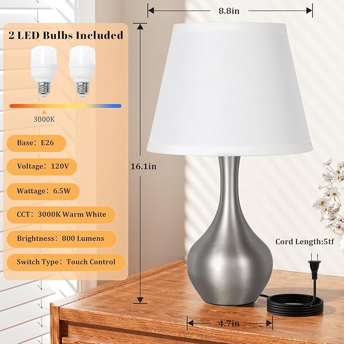 Seealle Touch Table Lamps for Bedroom Set of 2,3-Way Dimmable Small Bedside Lamps for Night Stands with Wires, Silver Desk Lamps for Kids Room,Office,Living Room, End Table(LED Bulbs Included)