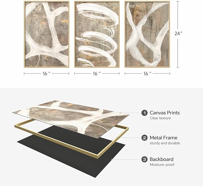 Framed Neutral Brown and Beige Abstract Wall Art for Living Room, 3 Piece Modern Canvas Prints Artwork for Walls, Minimalist Lines for Hallway Kitchen Room Bedroom Office Wall Decor 16x24 Inch