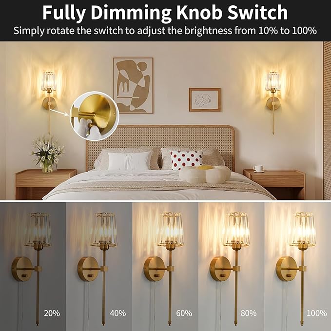 Crystal Wall Sconces Set of 2, Dimmable Wall Sconce with Plug in Cord and Dimmer Gold Plug in Wall Lamp Wall Mounted Light with Crystal Shade for Living Room Bedroom Vanity Light, Bulbs Included