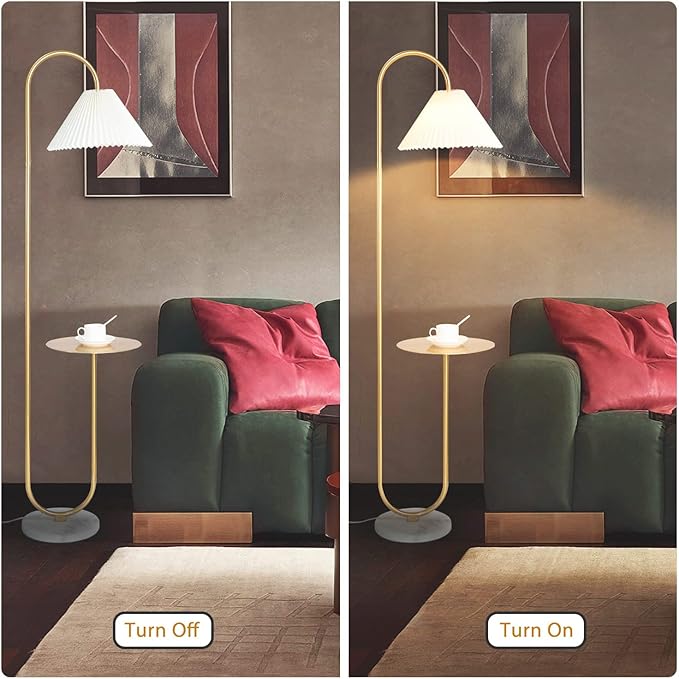 beaysyty Modern Elegant with Tray Floor Lamp for Office Cafe Den Living Room Bedroom, Foot Switch and Brass/Gold Finish,Light Yellow Pleated Cloth Lampshade