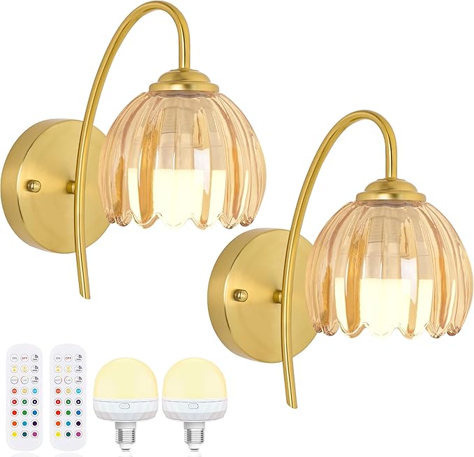 Vintage Battery Operated Wall Sconce with Flower lampshade,Rechargeable Battery Powered Wall Lights,Wall lamp with 15 Colors for Bedroom Living Room Home Decor (Amber Tulip, 2 Light Battery Operated)