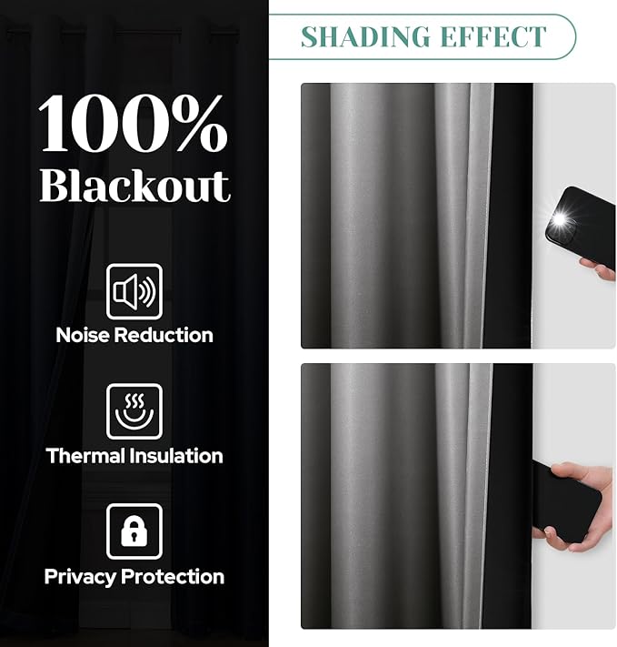 HOMEIDEAS Black 100% Ombre Blackout Curtains for Bedroom, 52 X 63 Inches Long Room Darkening Gradient Light Blocking Thermal Insulated Grommet Drapes for Living Room, 2 Panels