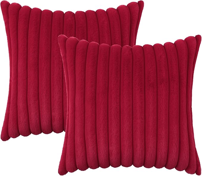 decorUhome Faux Fur Christmas Throw Pillow Covers 20x20 Set of 2, Decorative Soft Plush Striped Neutral Couch Euro Pillow Covers with Velvet Back for Sofa, Bed, Living Room Home Decor, Red