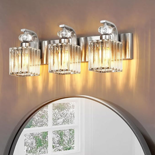 Modern Bathroom Vanity Light, 3-Light Nickel Bathroom Lighting Fixtures Over Mirror, 20.5" Crystal Wall Light Sconce for Bathroom/Bedroom/Vanity, Includes LED Bulbs, Easy Installation