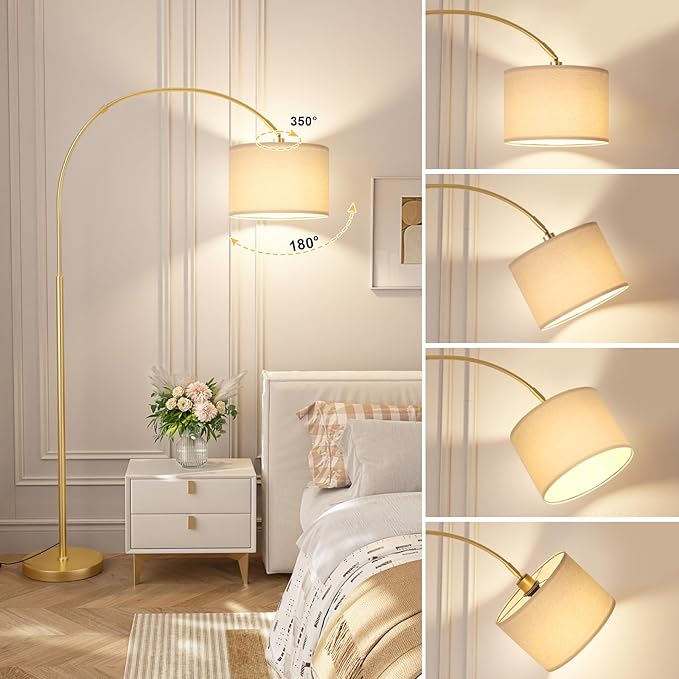 Ambimall Dimmable Arc Floor Lamp with Remote, Color Temperatures and Brightness Adjustable, Arched Floor Lamp with Rotating Head, Over Couch Arched Reading Light for Living Room (Deep Beige and Gold)
