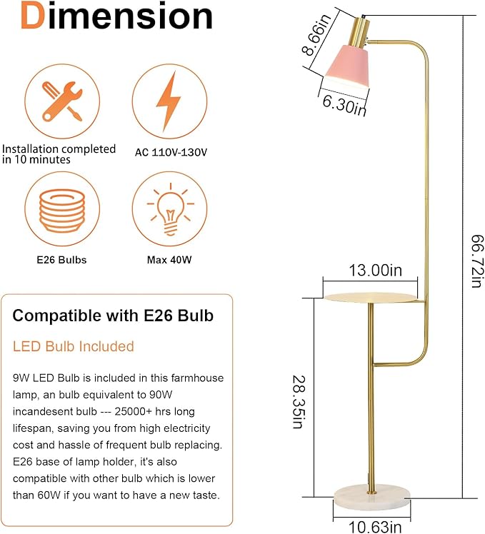 Hsyile Contemporary Modern Creative Floor Lamp with a Table,Suitable for Living Room,Den,Office,Bedroom - Standing Lamp Tall Floor Lamp - Brushed Brass Finish and Pink Lampshade