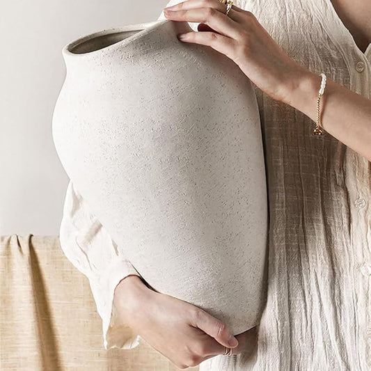 White Ceramic Vase - Large 13.6 Inch Tall Floor Vase for Centerpieces, Farmhouse Rustic Minimalist Home Decor for Living Room, Enterway, Wedding (Sandstone White)