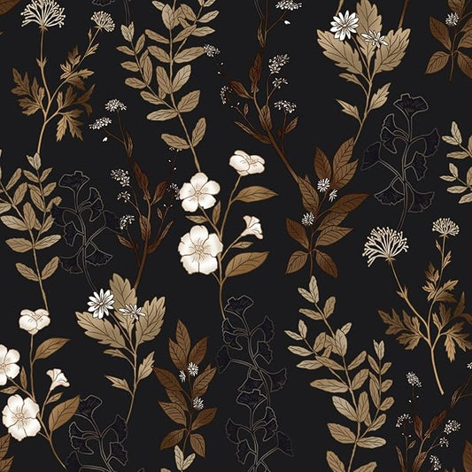 Black Floral Wallpaper Peel and Stick Gold Leaf Contact Paper 17.4" x 118" Leaf Wallpaper Waterproof Self-Adhesive Wall Covering for Bedroom Countertop Desk Cabinets Decor