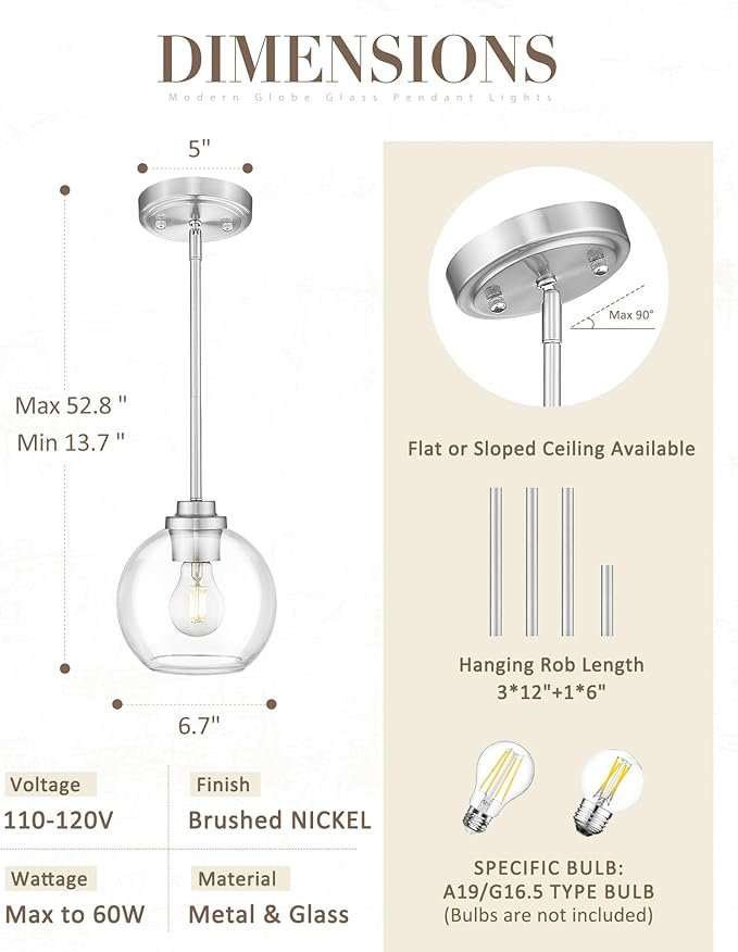 Globe Pendant Light Fixture, Modern Brushed Nickel Hanging Light with Clear Glass for Kitchen Island Dining Room Bedroom Hallway Foyer (1 Pack), PL101BN-2PK