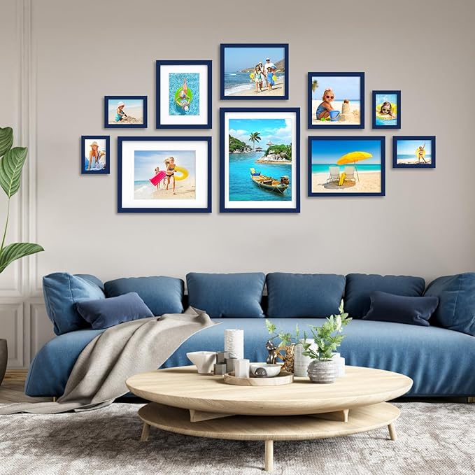 Egofine 12x16 Picture Frames 4PCS Covered by Plexiglass, Made of Solid Wood, Display Pictures 9x12/11x14 with Mat or 12x16 Without Mat for Wall Mounting, Navy Blue