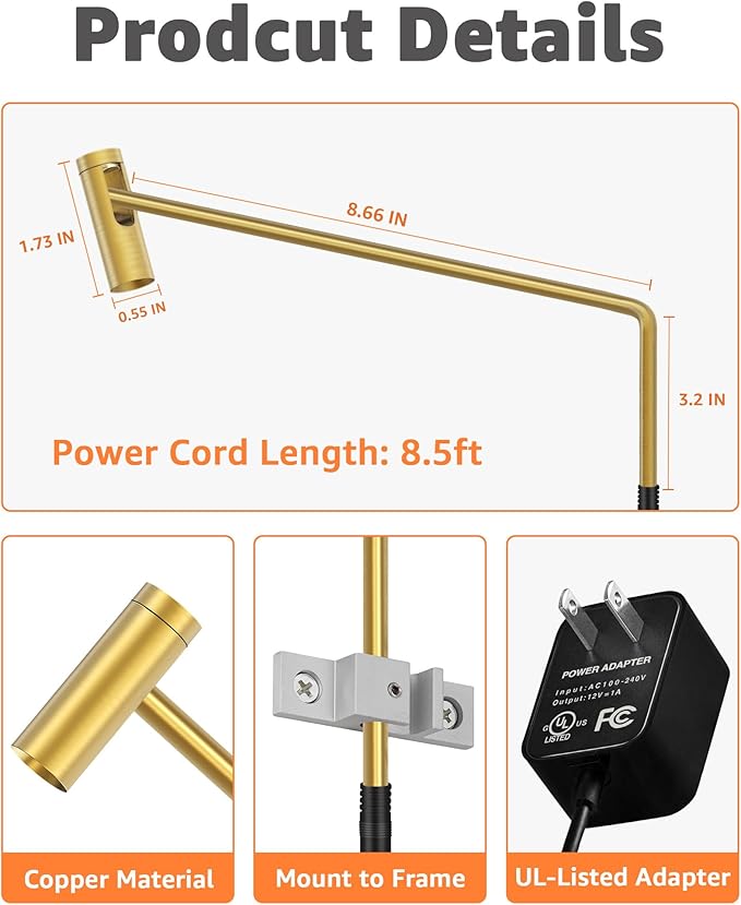 Brass Picture Light Plug in LED Picture Lights for Wall 3000K Warm White Picture Frame Light with Remote Control & Timer Dimmable Picture Lights Art Lighting for Paintings Wall Display Gallery