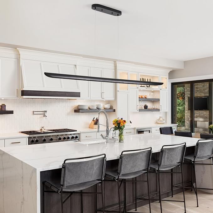 71" Wood Linear Pendant Light,Dimmable Kitchen Island Lighting with Remote,40W LED Island Lights for Kitchen,Adjustable Linear Chandelier for Dinning Room Light Fixture,Bar,Pool Table Light Black