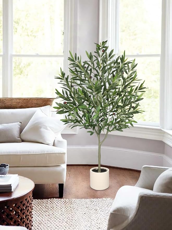 Hollyone Faux Olive Tree with Pot 4.2FT Small Fake Olive Tree Indoor 50.4inch with Natural Wood Trunk and Lifelike Fruits Potted Artificial Tree Plant Home Office Modern Housewarming Decoration Gift