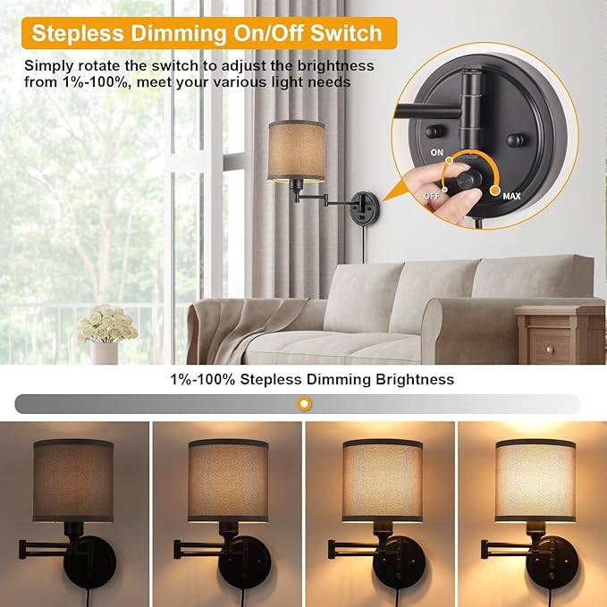 Dimmable Plug in Wall Sconces, Swing Arm Wall Lamp, Wall Sconces Set of Two, Plug in Wall Light, Sconces Wall Decor Set of 2, Grey Fabric Shade, 2pcs Bulbs Included