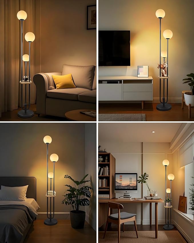 63IN Dimmable Floor Lamp with Shelf, Unique Globe Black Tall Standing Lamps Candle Holder Style, 3000K Warmwhite Mid Century Modern Floor Lamp for Living Room Home Office(Bulbs Included)