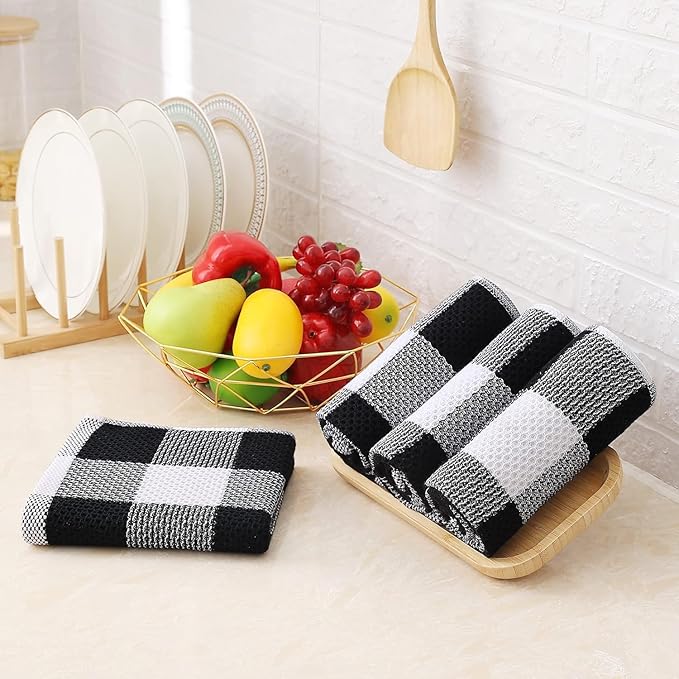 Homaxy 100% Cotton Waffle Weave Check Plaid Kitchen Towels, 13 x 28 Inches, Super Soft and Absorbent Dish Towels for Drying Dishes, 12-Pack, White & Black