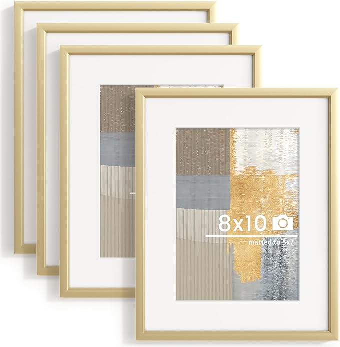 8x10 inch Metal Picture Frame - 8 x 10 Thin Aluminum Photo Frames with 5x7 Removable Mat - High Definition Plexiglass - Ideal for Wall or Tabletop Display - Wall Hook Hanging Hardware Included - Gold, Set of 4