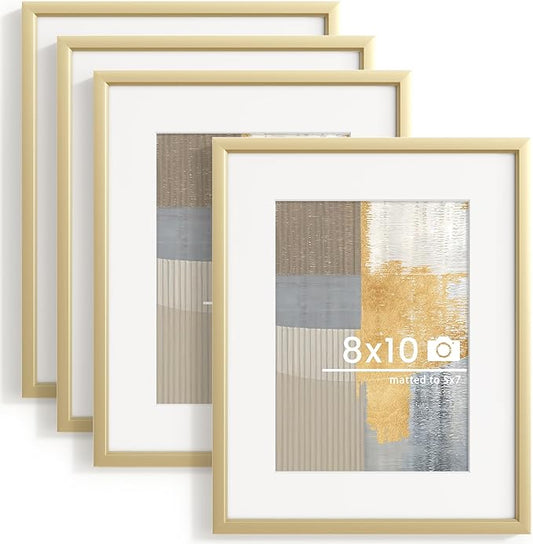 8x10 inch Metal Picture Frame - 8 x 10 Thin Aluminum Photo Frames with 5x7 Removable Mat - High Definition Plexiglass - Ideal for Wall or Tabletop Display - Wall Hook Hanging Hardware Included - Gold, Set of 4