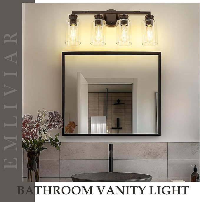 Emliviar 23 Inch Vanity Light Above Mirror for Bathroom, Oil Rubbed Bronze Finish 4-Light Wall Sconce with Clear Glass Shade, YCE253B-4W ORB