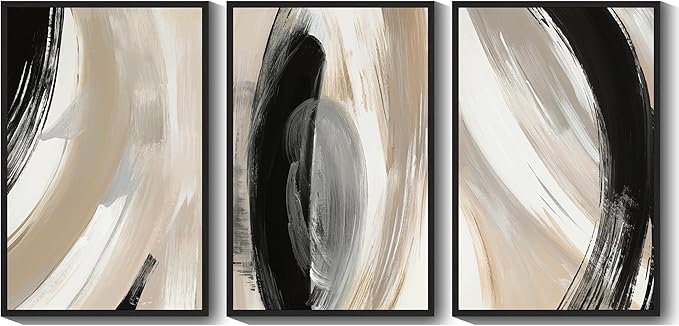 KUVIOKE Modern Abstract Framed Wall Art Black Neutral Minimalist Ink and Wash Graffiti Pastel Wall Decor for Bedroom Living Room 24x36in (Black Framed)