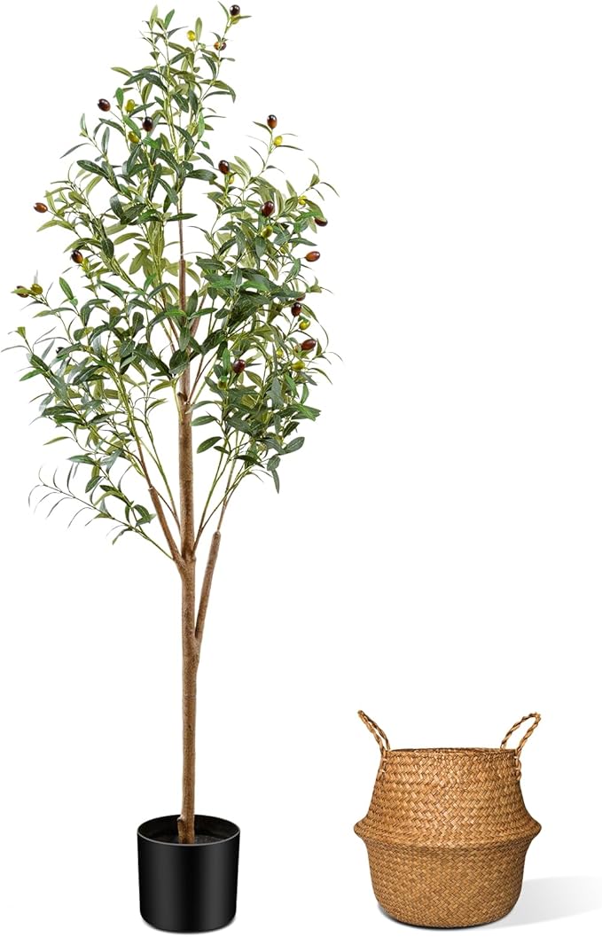 5FT Artificial Olive Tree Indoor, Tall Faux Olive Tree with Pot&Basket, Large Fake Olive Tree with Realistic 720 Silk Leaves and 40 Fruits for Living Room Home Office Decor