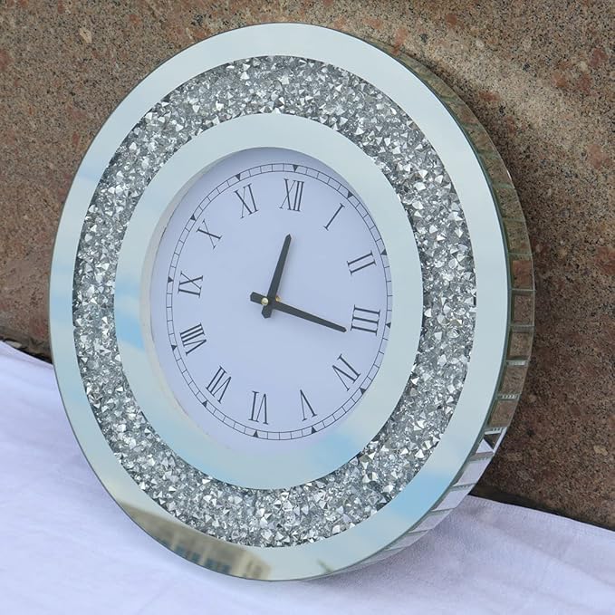 DMDFIRST Silver Round Mirror Clock 20x20inches Crystal Sparkle Twinkle Bling Crush Diamond Mirrored Large Wall Clock for Wall Decoration Silver Glass Mirror Home Décor. AA Battery is not Included.