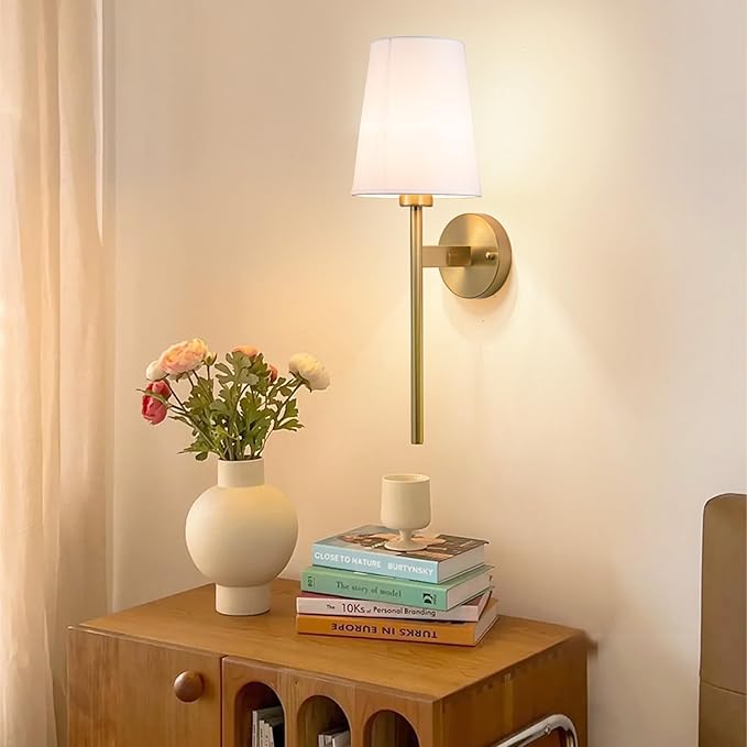 Battery Operated Wall Sconce with Remote,White Fabric Shade Wall Sconce Set Of 2 Battery Powered Sconces Wall Lighting Indoor Wireless Dimmable Wall Lamp with 3 Color Temp Bulb for Bedroom Living Room